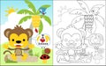 Coloring book vector of little monkey cartoon with little friends in banana tree on blue sky background