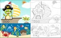Coloring book vector with turtle in pirate costume on sailboat hunting treasure underwater, funny marine animals cartoon on scenic Royalty Free Stock Photo