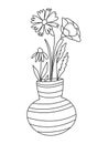 Coloring book with wildflowers in a cute vase for adults and children. Homemade flowers in a vase with water. Funny drawing in