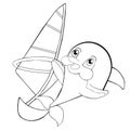 Coloring book windsurfing with dolphin. Cartoon style. Clip art for children.