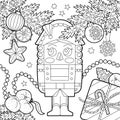 Coloring book winter decor. Hand drawn vector Nutcracker. Black and white.