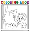 Coloring book woman cleaning window