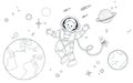 Coloring book a young astronaut soars in open space against the background of the Earth, planets and stars. Vector