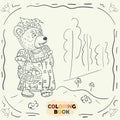 Coloring book for young children contour illustration in the style of doodle Teddy bear girl in the national Russian costume