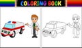 Coloring book with young doctor and ambulance car