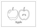 Coloring card with signed whole apple and apple cut in half on white background in thin frame