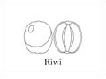 Coloring card with signed whole kiwi and kiwi cut in half on white background in thin frame