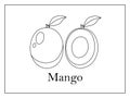 Coloring card with signed whole mango and mango cut in half on white background in thin frame