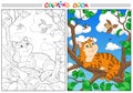 Coloring cartoon cat on a branch and Birds in the sky.