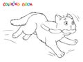 Coloring cartoon cat runs away with sausages. Black and white lines