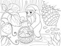 Coloring, cartoon, scene. Dwarf in the forest collects strawberries, berries.