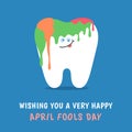 Coloring cartoon tooth. April Fools Day prank with colorful paints.