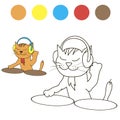 Coloring cat dj with color samples for children