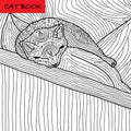 Coloring cat page for adults. Funny baby kitten sleeping on the pillow. Hand drawn illustration with patterns. Royalty Free Stock Photo