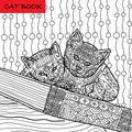 Coloring cat page for adults. Two funny kitten sitting on book. Hand drawn illustration with patterns.