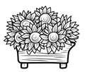 COLORING FOR CHILDREN. Composition with sunflowers in the BALCONY DRAWER, coloring autumn theme. Royalty Free Stock Photo