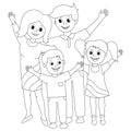 Coloring for children. Happy family mom, dad, son, daughter stand together hands up. Smiling adult and children. Family time Royalty Free Stock Photo