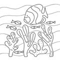 Coloring for children. Sea floor, underwater world. Fish and plants, waves.