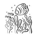 Coloring for children. Sea floor, underwater world. Hand drawn Fish and plants. Doodle of marine animals and seaweed