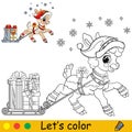 Coloring Christmas lamb carries gifts on a sleigh vector Royalty Free Stock Photo