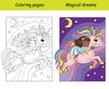 Coloring and color black girl sleeps on back of a flying unicorn