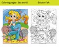 Coloring and color cute mermaid with golden fish Royalty Free Stock Photo