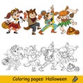 Coloring and color Halloween monsters kids dancing Royalty Free Stock Photo