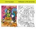 Coloring with colored example witch with cat Royalty Free Stock Photo