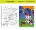 Coloring and colorful cute unicorn witch Halloween