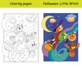 Coloring and colorful Halloween witch flying on a broomstick Royalty Free Stock Photo