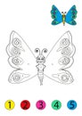 Coloring concept. Funny butterfly coloring page with number of color.