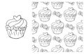 Coloring Cupcake. Set of element and seamless pattern