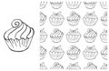 Coloring Cupcake. Set of element and seamless pattern