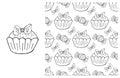 Coloring Cupcake. Set of element and seamless pattern