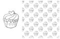 Coloring Cupcake. Set of element and seamless pattern