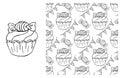 Coloring Cupcake. Set of element and seamless pattern