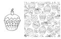 Coloring Cupcake. Set of element and seamless pattern