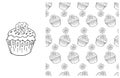 Coloring Cupcake. Set of element and seamless pattern