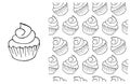 Coloring Cupcake. Set of element and seamless pattern