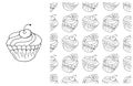 Coloring Cupcake. Set of element and seamless pattern