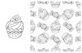 Coloring Cupcake. Set of element and seamless pattern