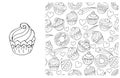 Coloring Cupcake. Set of element and seamless pattern