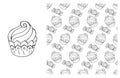 Coloring Cupcake. Set of element and seamless pattern