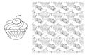 Coloring Cupcake. Set of element and seamless pattern