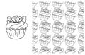 Coloring Cupcake. Set of element and seamless pattern