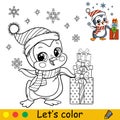 Coloring cute Christmas penguin boy with presents vector