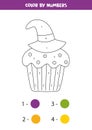 Coloring cute Halloween cupcake by numbers. Math game. Royalty Free Stock Photo