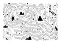 Coloring Dino Maze. Cool kids mini game for development. Black white illustration in a simple cartoon style. Help the baby find