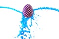 Coloring Easter Egg, Vibrant blue Paint pouring over painted egg isolated on white Background. 3d illustration Royalty Free Stock Photo