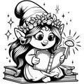 Coloring enchantress girl, gnome reading a book in pajamas. Printable black and white. Generative ai.